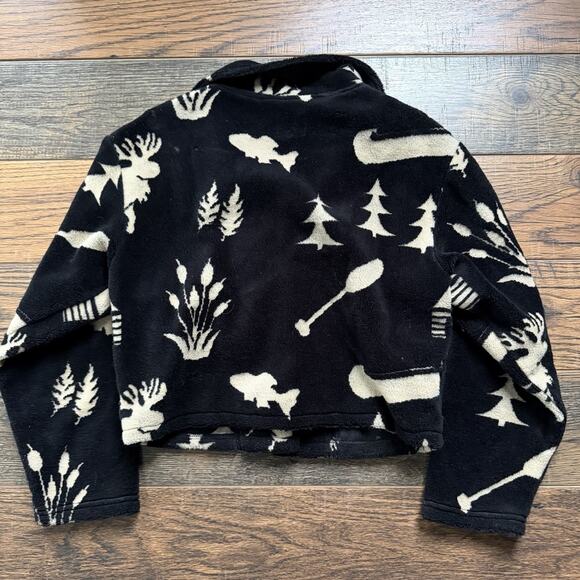 Vintage Simply Irresistible Fleece Jacket Moose Tree Canoe Print Black Tan Sz M - Picture 2 of 7